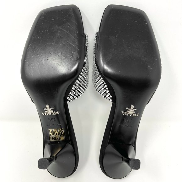 Prada Black Satin Crystal Studded Triangle Logo Slip On Sandal Mules Heels - Picture 9 of 11